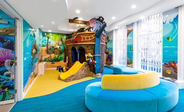 A pirate ship play area in a underwater themed kids play area.